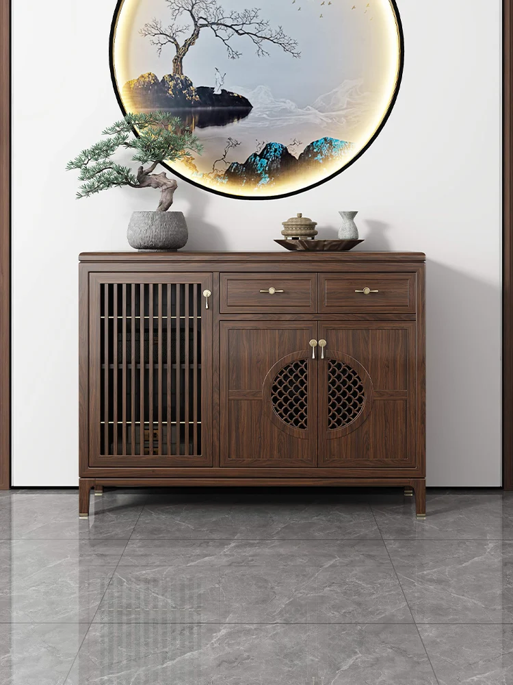 

Узкий шкаф для гостиной из черного дерева у стены для хранения чая в стиле дзен из цельного дерева