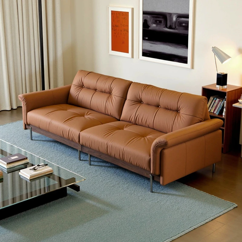 Yjq streamer sofa medieval retro living room home leather one-character straight row first layer cowhide