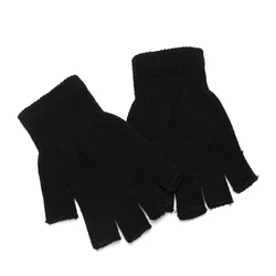 1Pair Unisex Black Half Finger Fingerless Gloves for Women and Men Wool Knit Wrist Cotton Winter Warm Work Mittens