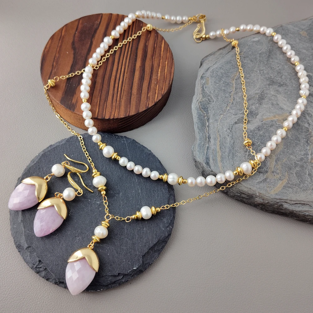 

kkGEM настоящие 17x24 мм граненые серьги-подвески с розовым кунцитом, несколько нитей, комплект ожерелья-цепочки с белым жемчугом и четками