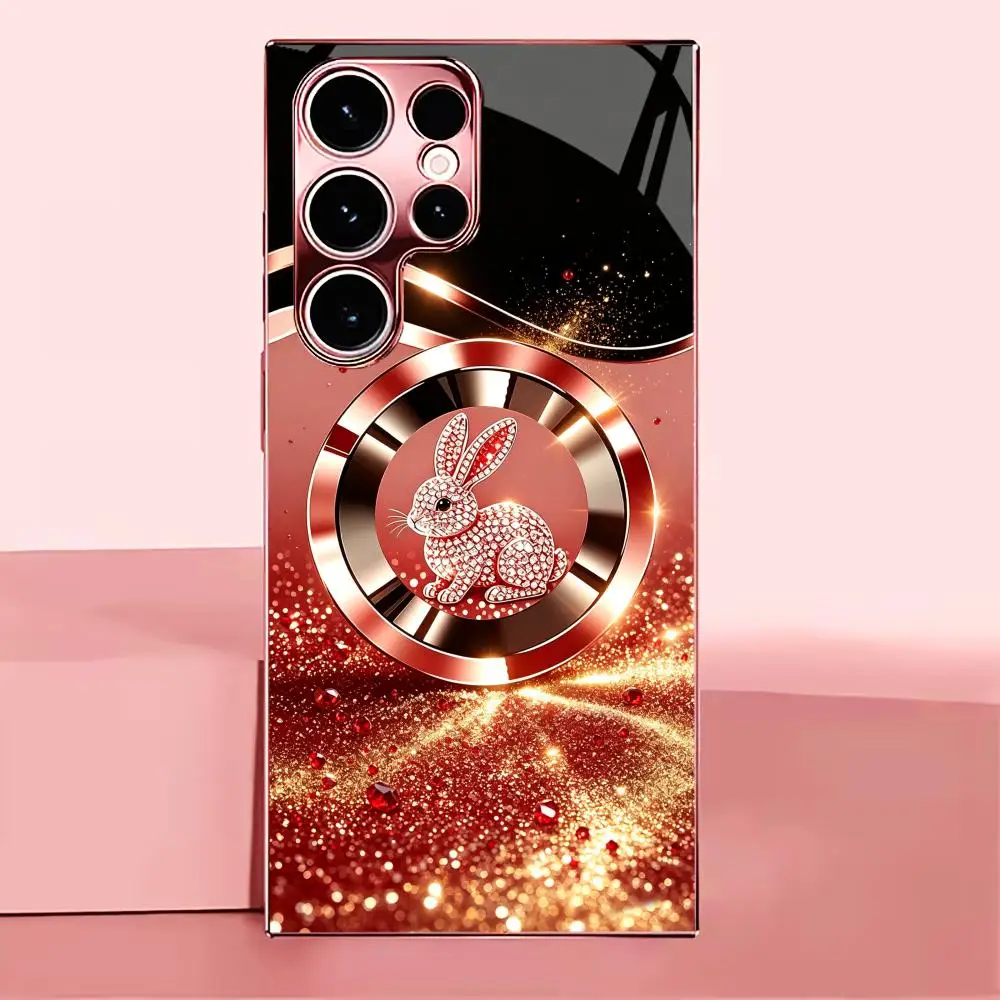 Red Glitter Diamond Rabbit Fashion Exquisite glass phone case for Samsung Galaxy S26 S25 S24 S23 S22 FE,Ultra,Plus Dropresistant