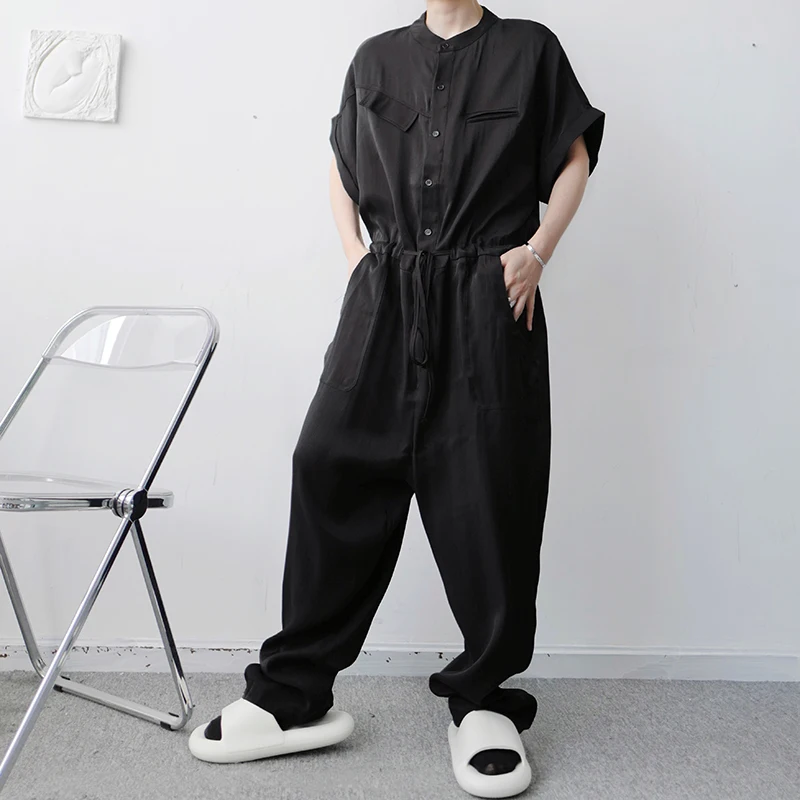 Men's Summer New Loose Retro Stand Collar Asymmetric Short Sleeve Jumpsuit Trendy Men's Fashion Trendy Overalls