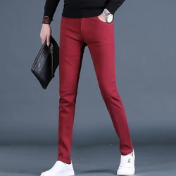 Autumn Men's Red Jeans Casual Slim Fit Straight Leg Pants Streetwear Fashion Cotton Denim Trousers CP2069
