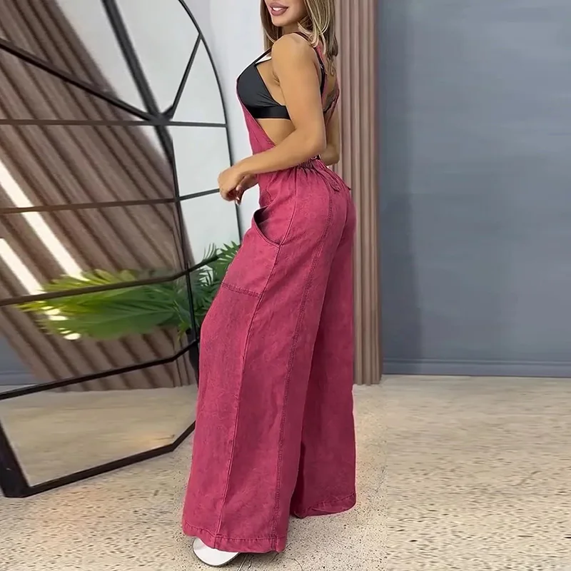 

Темпераментные комбинезоны без рукавов с высокой талией и широкими штанинами, женские повседневные комбинезоны с карманами, элегантные свободные комбинезоны с открытой спиной для женщин