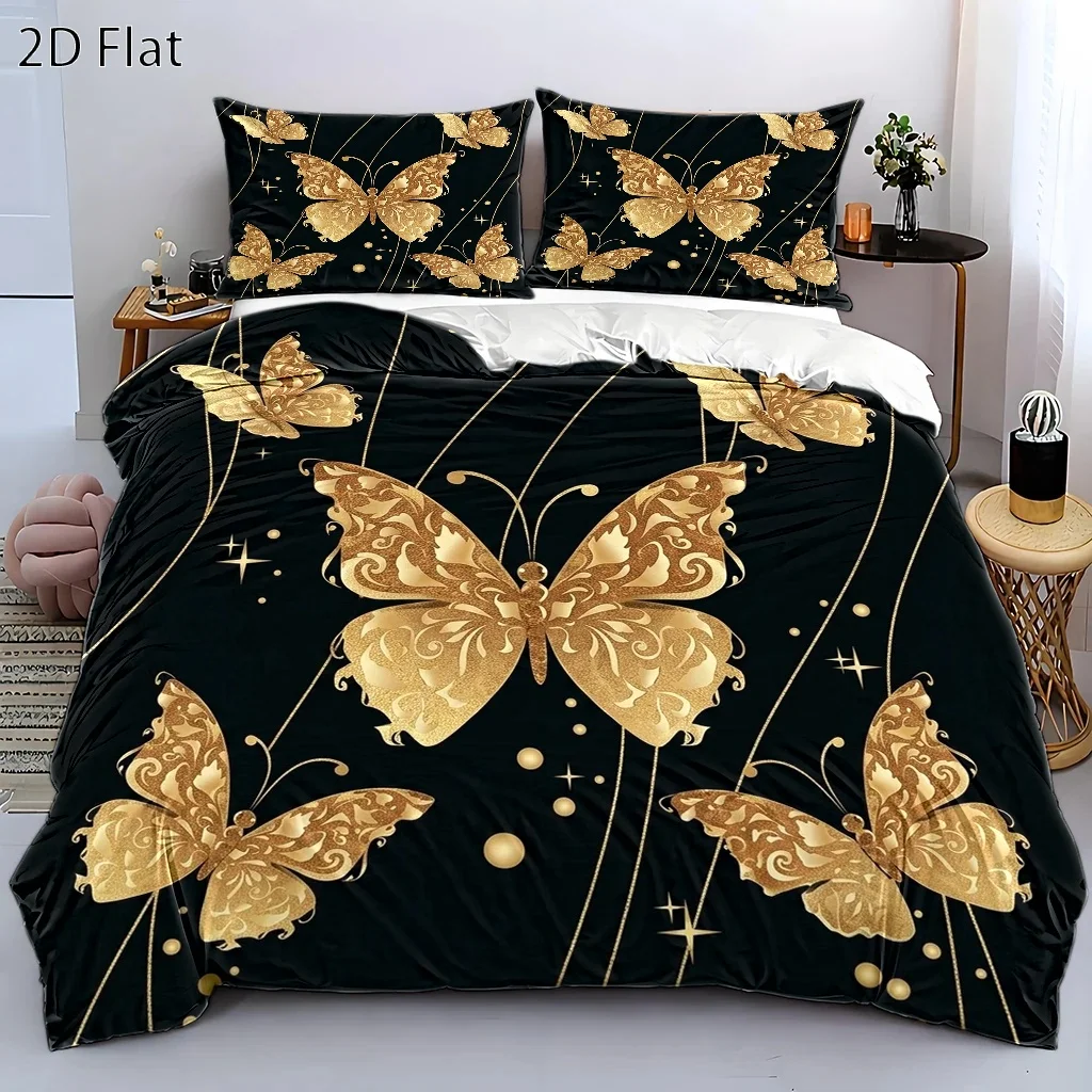 3Pc Luxury Gold Butterfly Print Duvet Cover Set, Three-Piece Bedding Set (1*Duvet Cover + 2*Pillowcases), All-Season Double Bed Cover, Machine Washable, Invisible Zipper Bedding Set, Suitable for Home, Dormitory, Master Bedroom, Guest Room, Large Duvet Cover Available, Light Luxury Style Black and Gold Butterfly Bedding Set, Fashionable Gold Foil Print Bedding, Comfortable and Skin-Friendly Bedroom Bedding Set