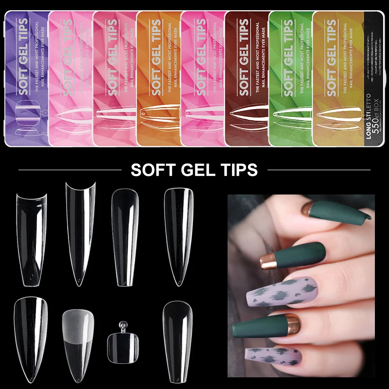 Arte Clavo Clear Medium Long Almond Nail Tips Kit Soft Gel Full Cover Tips Soak Off Nail Extension Gel Tips False Press on Nails