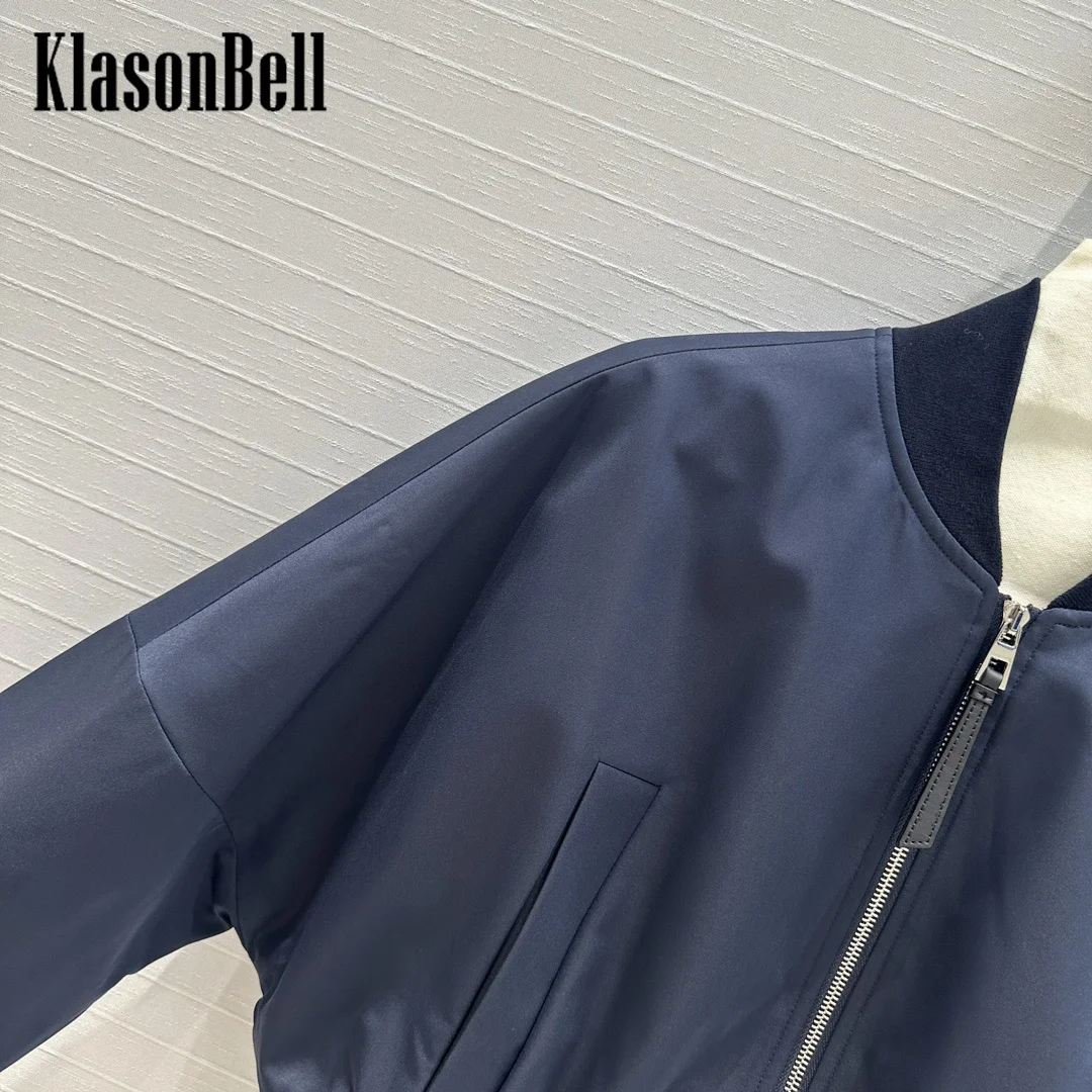 9.7 KlasonBell Women Clothes Fashion Baseball Jacket Black Letter Brand Ribbed Stand Collar Spliced Zipper Short Outerwear