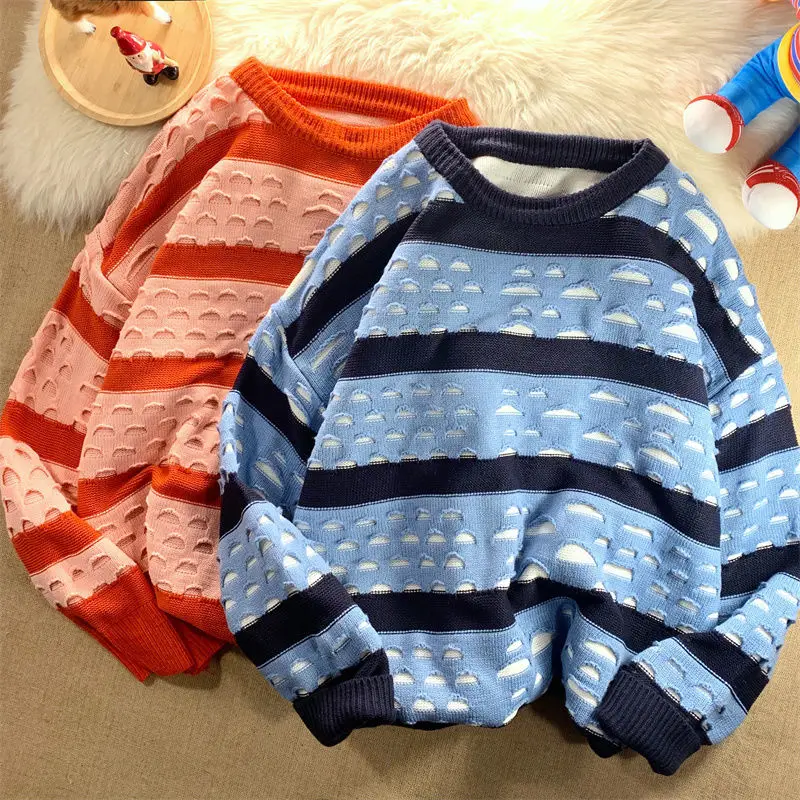 2023 Spring New Light Luxury Fashion Striped Sweater Men Round Neck Comfortable Casual Loose Knitwear All-match Boutique Clothes