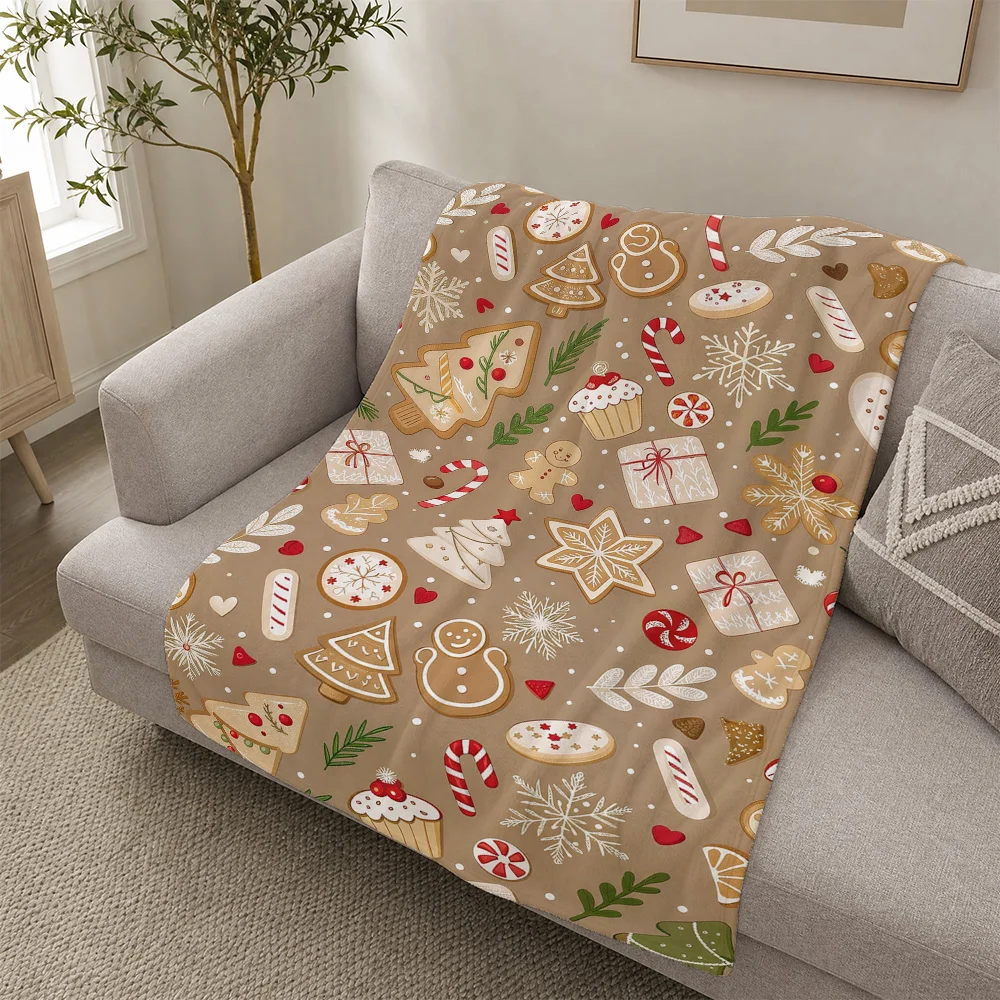 Cozy Holiday Christmas Gingerbread Cookies Pattern Throw Blanket for Sofa Bedding Xmas Gift