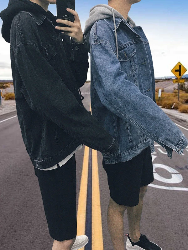 

Loose Fit Bla Hooded Denim Jaet for Men Spring Autumn New Sle Japanese Trendy Brand Casual Haome Workwear Jaet
