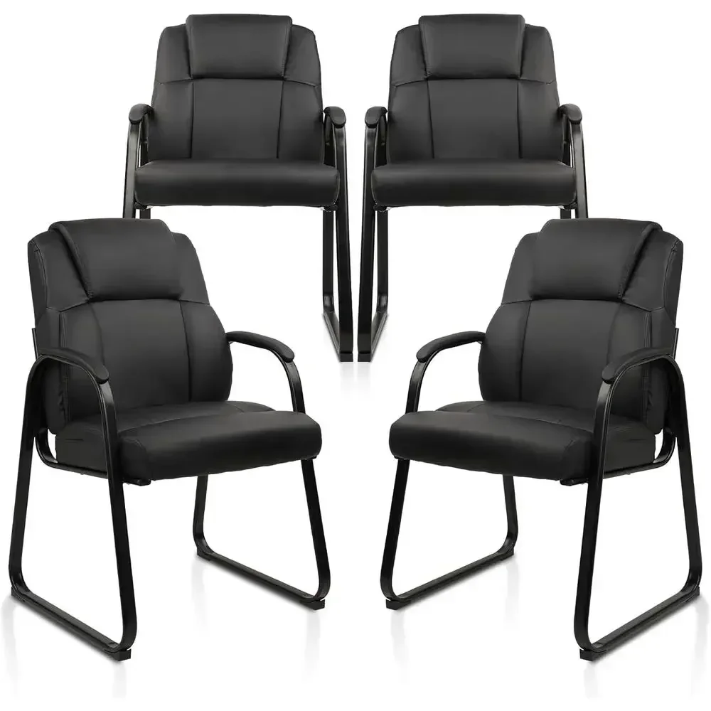 Black Leather GT Chair with Padded Armrests for Conference and Waiting Areas, Sled Base, 4-Pack