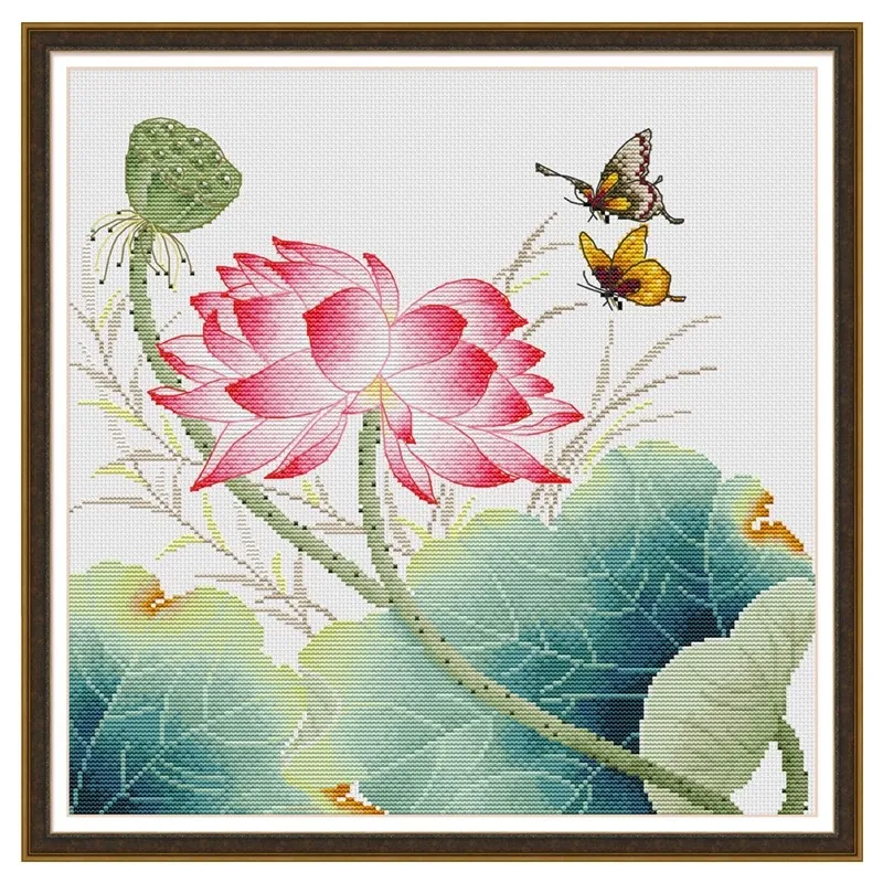 

Printed Kit Cross Stitch 11CT Embroidery DIY Cotton Needlework Sets Crafts With Needles Chinese Lotus 42 Colors