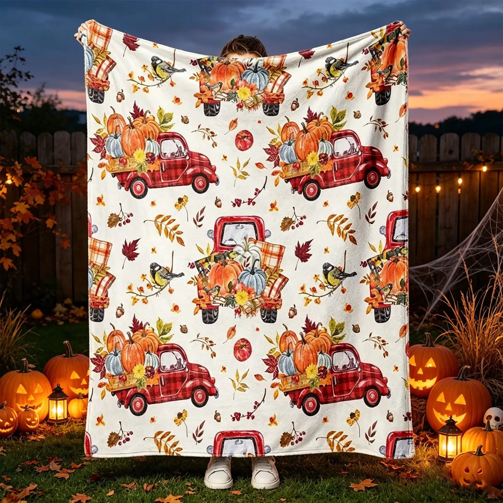 Fall Red Truck Pumpkin Flannel Throw Blanket, Autumn Maple Leaf Bird Print Soft Blanket, Harvest Halloween Cozy Decorative