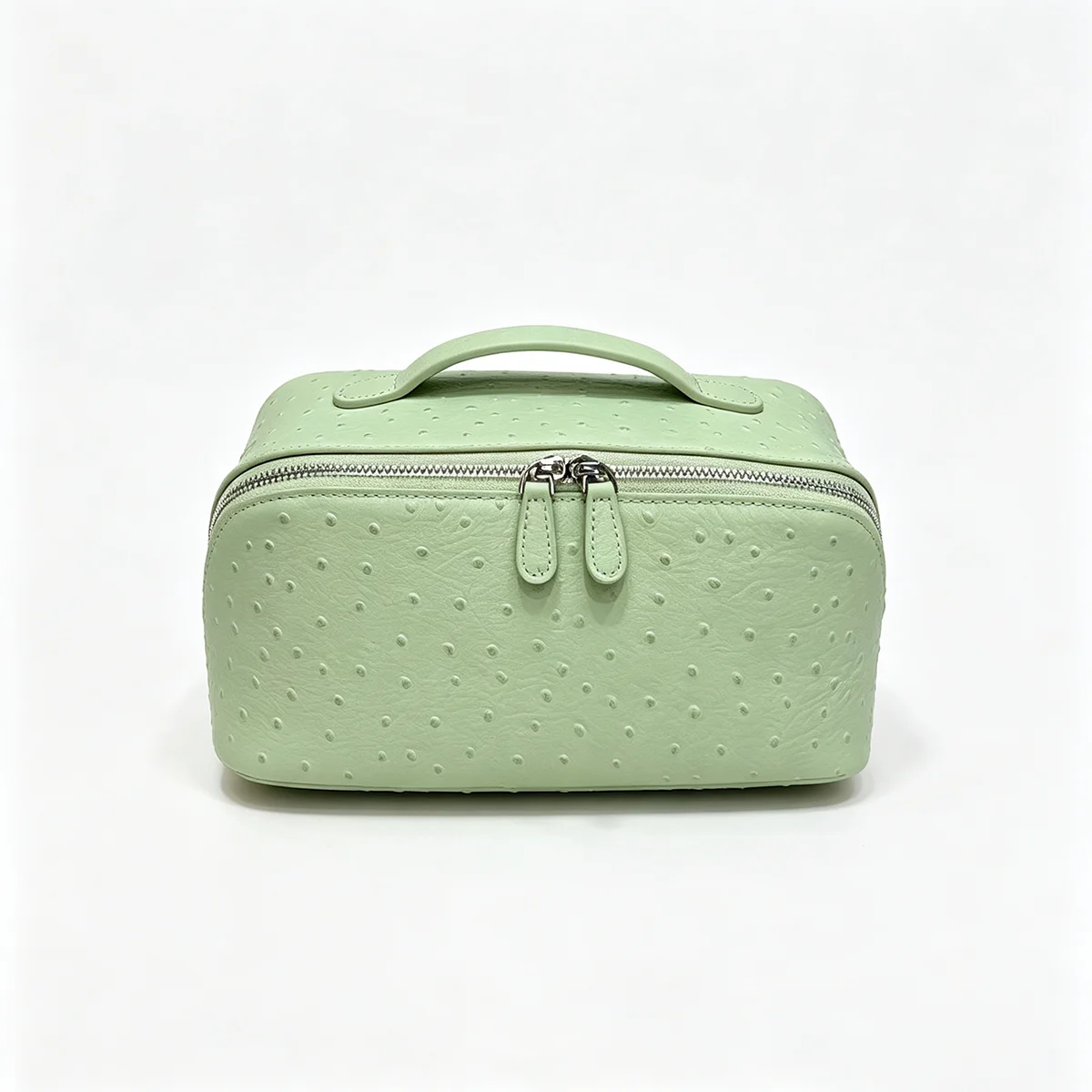 Echte Rindsleder-Kosmetiktasche mit Straußenmuster, Tragbare Reisetasche für Make-up und Toilettenartikel mit Reißverschluss – Detail 24