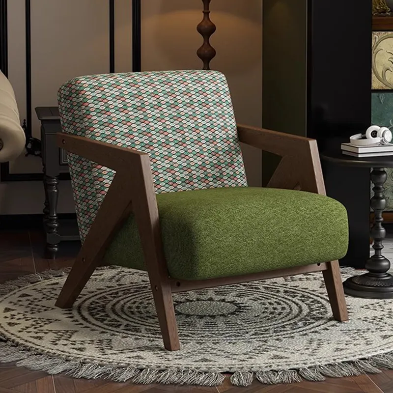 Medieval Living Room Single Sofa Chair With High-Density Sponge CushionSolid Wood Frame Balcony French Retro Casual Chair