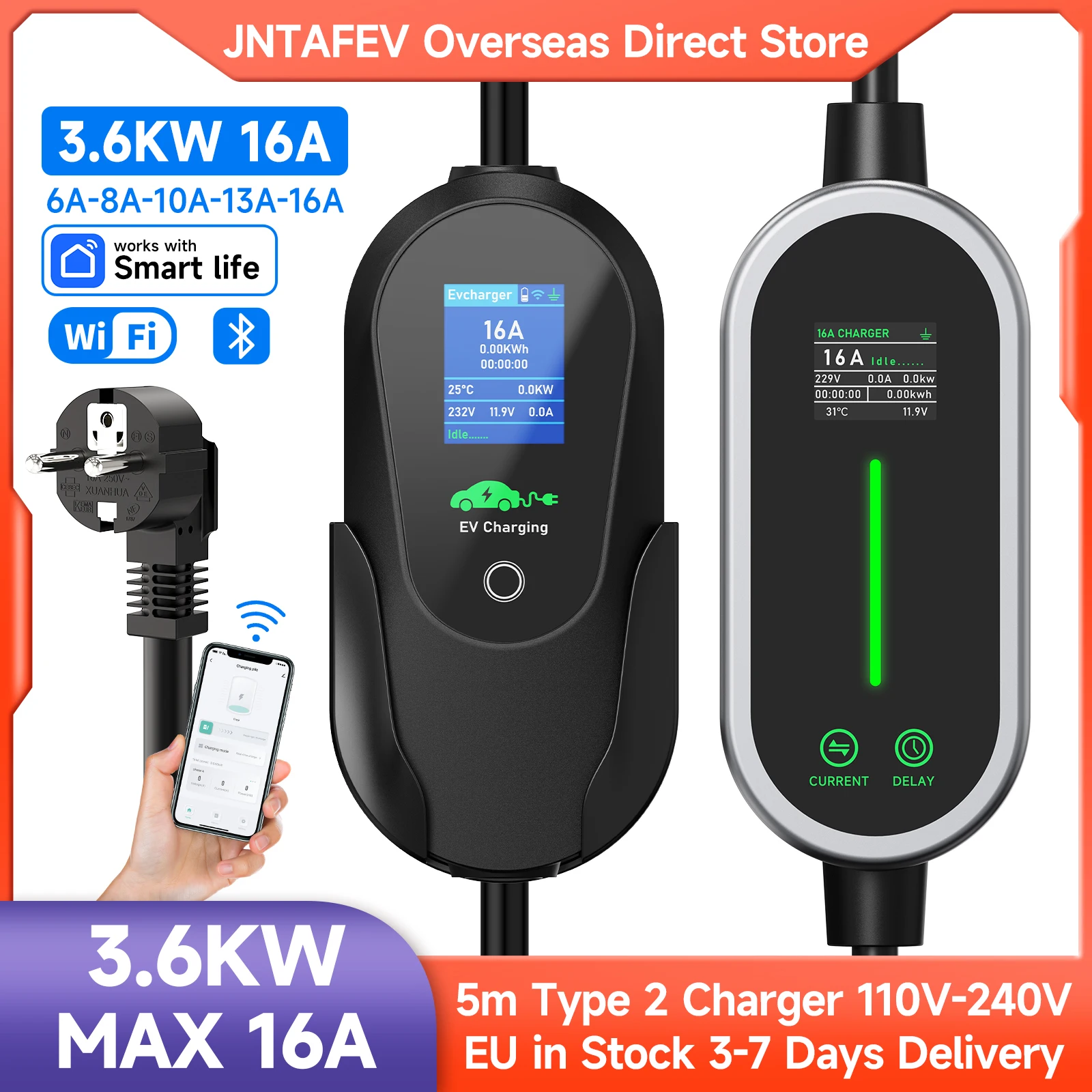 Chargeur portable JNTAFEV 3,6 kW 16A Type 2 pour voiture électrique, chargeur EV, câble de charge EVSE, contrôle par application WIFI, compatible 110V-240V