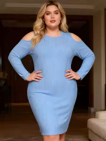 New Plus Size Round Neck Off-Shoulder Long Sleeve Bodycon Dress Autumn Winter Knitted Warm Sky Blue Elegant Party Evening Dress