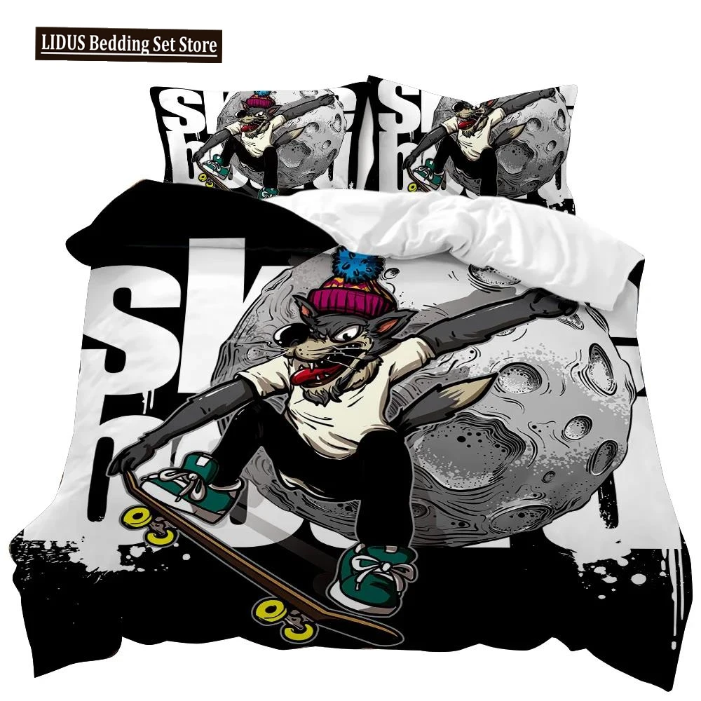 

Cartoon Skateboard Duvet Cover Set Cartoon Wolf Kids Hip Hop Skateboard Sport Queen King Cute Wild Animal Polyester Quilt Cover