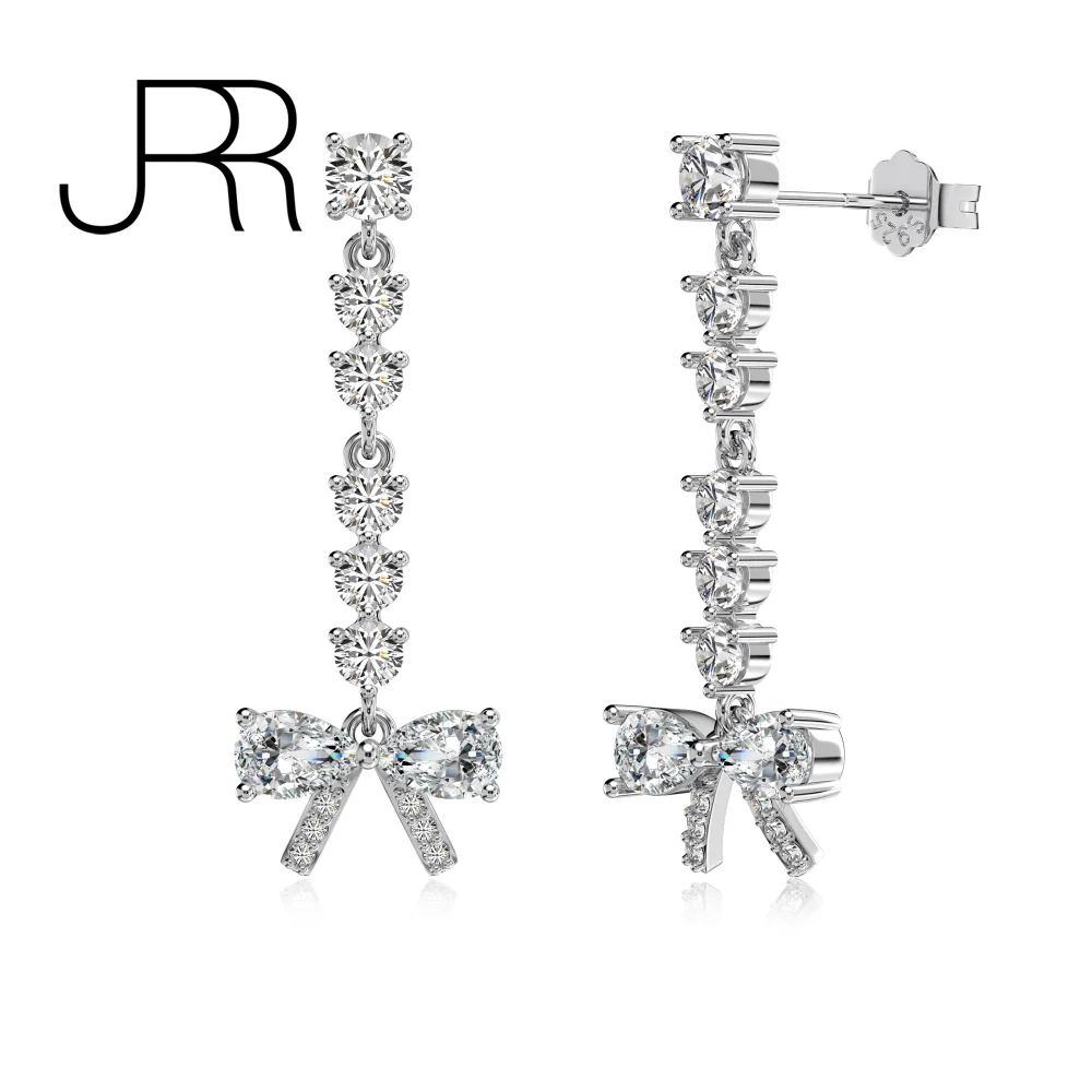 JRR Trendy 925 Sterling Silver Korean Pink Bowknot Tassle Quality CZ Stone Fine Earrings Studs For Women Girls Free Shipping