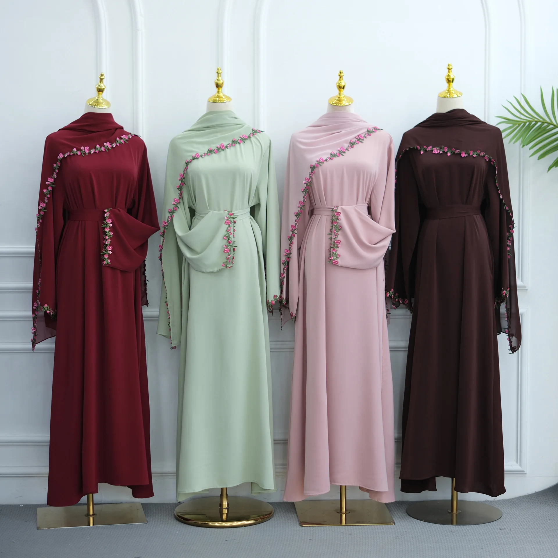 Zahraa Damenkleider Islamische Kleidung Freizeitkleid Spitzenblumen Neues Weiches Nida Geschlossenes Abaya Muslimisches Kleid mit Passendem Hijab – Detail 6
