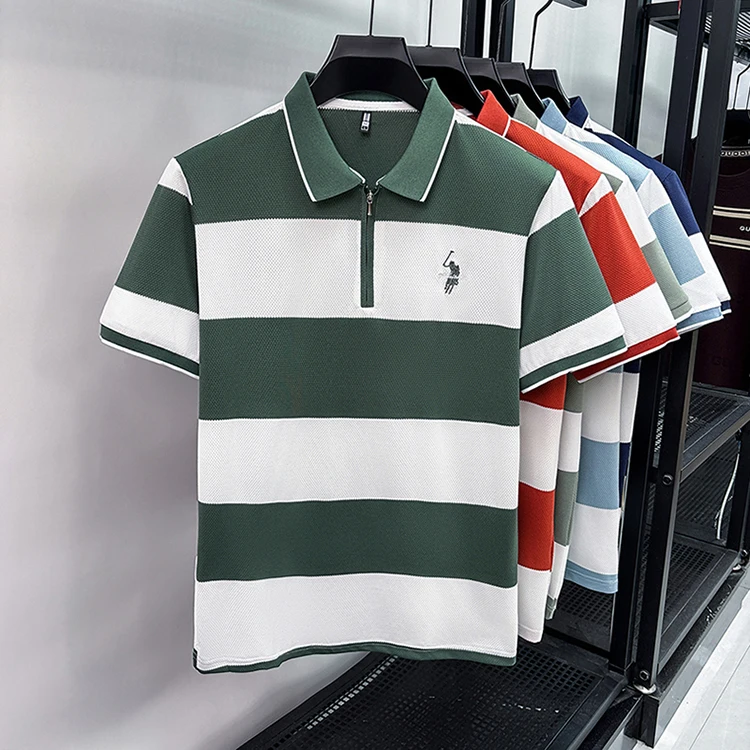 Modisches gestreiftes, farblich abgesetztes Kurzarm-Poloshirt für Herren High-End-Marke Pony-Stickerei Sommer, Golf, Freizeit, neues T-Shirt mit halbem Reißverschluss – Detail 14