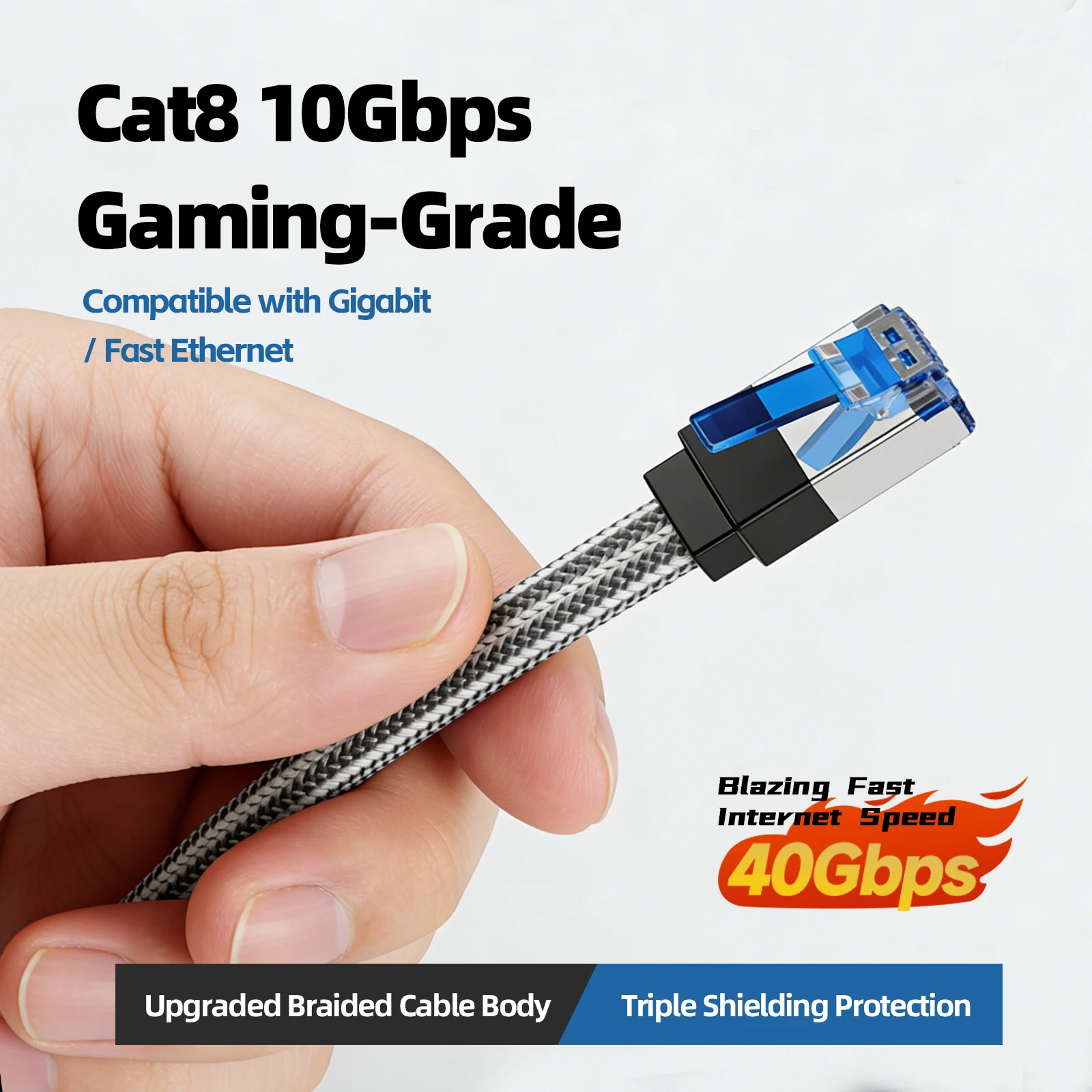 Cabo de Rede Plano CAT 8 Kubie 40Gbps 2000MHz Redondo RJ45 Trançado em Nylon para Modem, Roteador, PC, PS4/5
