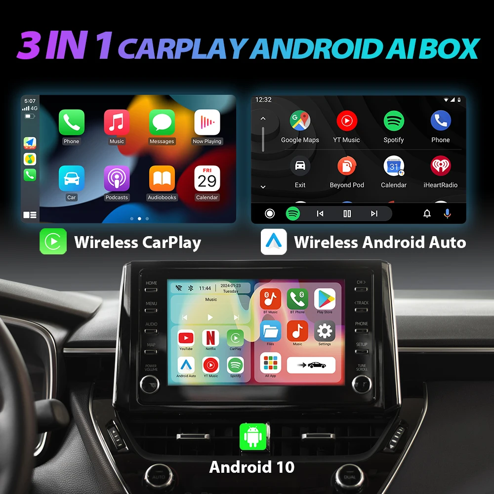 S1 Android Auto AI TV Box 3 In 1 Wireless CarPlay Adapter Smart Car Systems For Netflix YouTube Play Store With USB Port TF Card