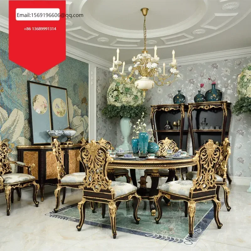 

Custom European solid wood carved dining table, side cabinet, palace villa, luxury restaurant furniture combination