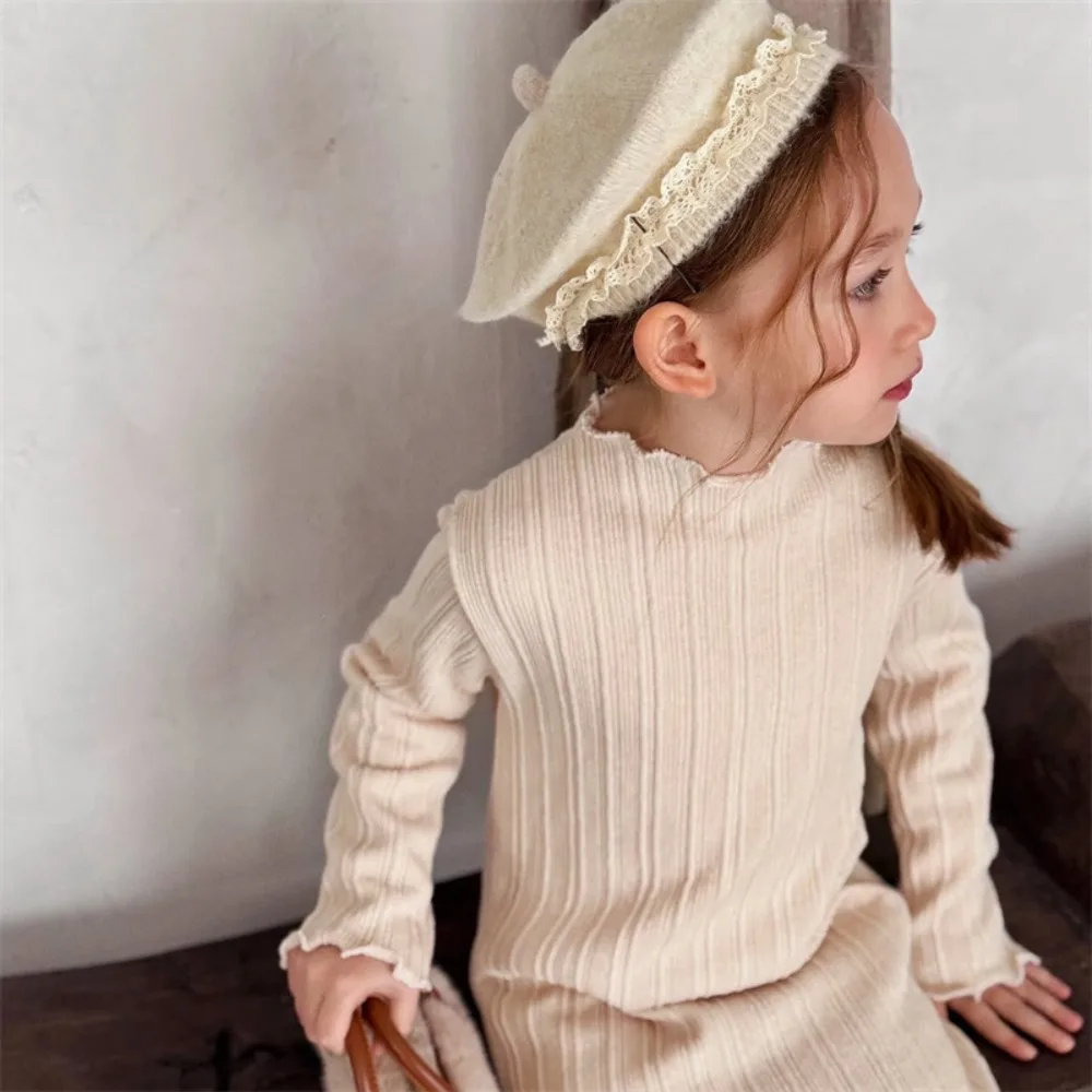 Cute Soft Cotton Beret Hat Lace Ruffled Winter Warm Knitted Hat Solid Color Pullover Hat For Toddlers