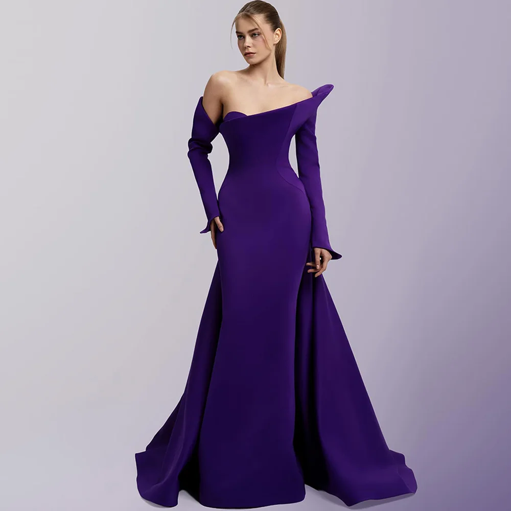 

Graceful Purple Jersey Evening Dress Simple Mermaid Long Sleeves Celebrity Gowns Luxury Panel Train Customized Celebrity Gowns