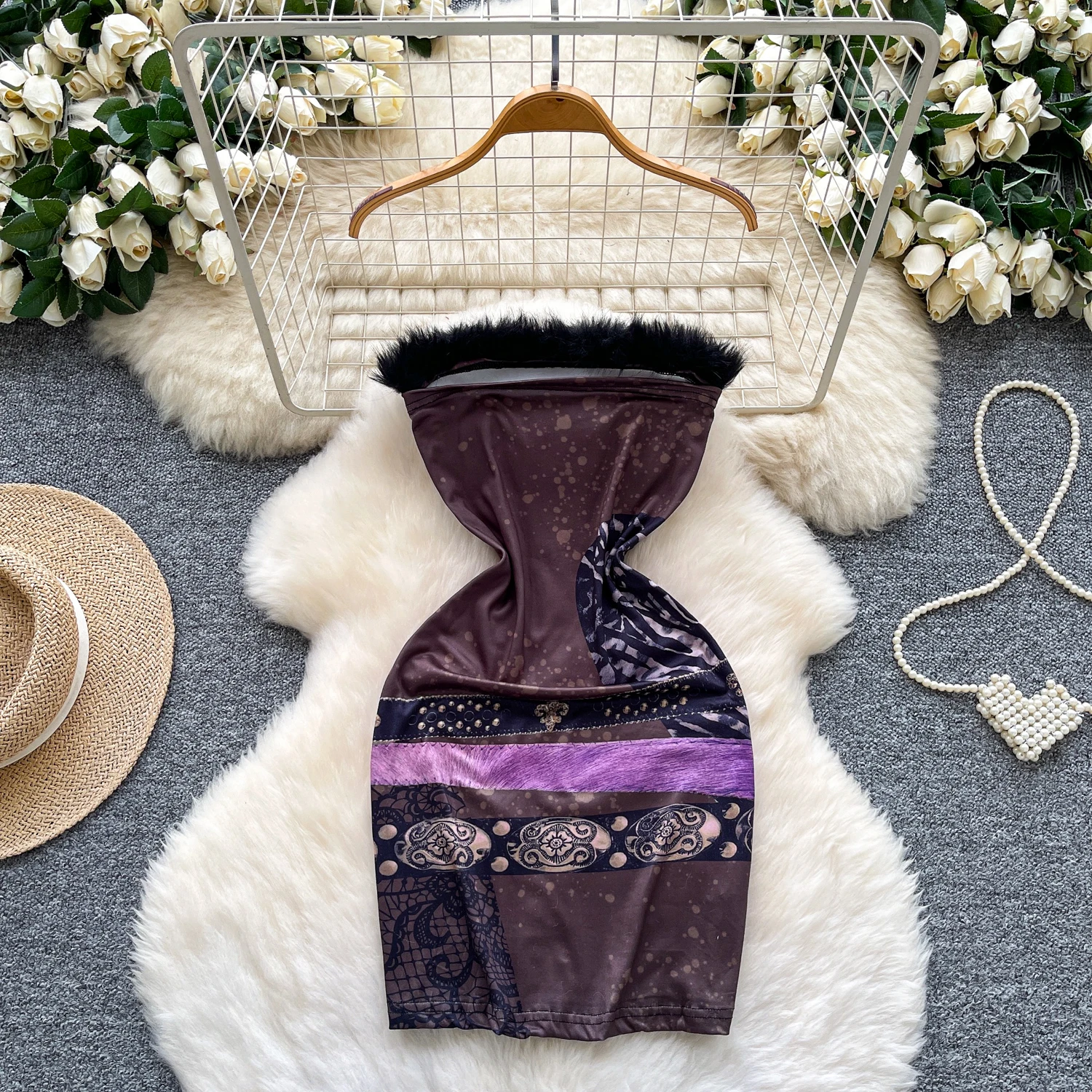 Americano quente menina estilo gola de pele painéis sem mangas vestido feminino de cintura alta a linha bodycon vestido retro escuro gótico roupas