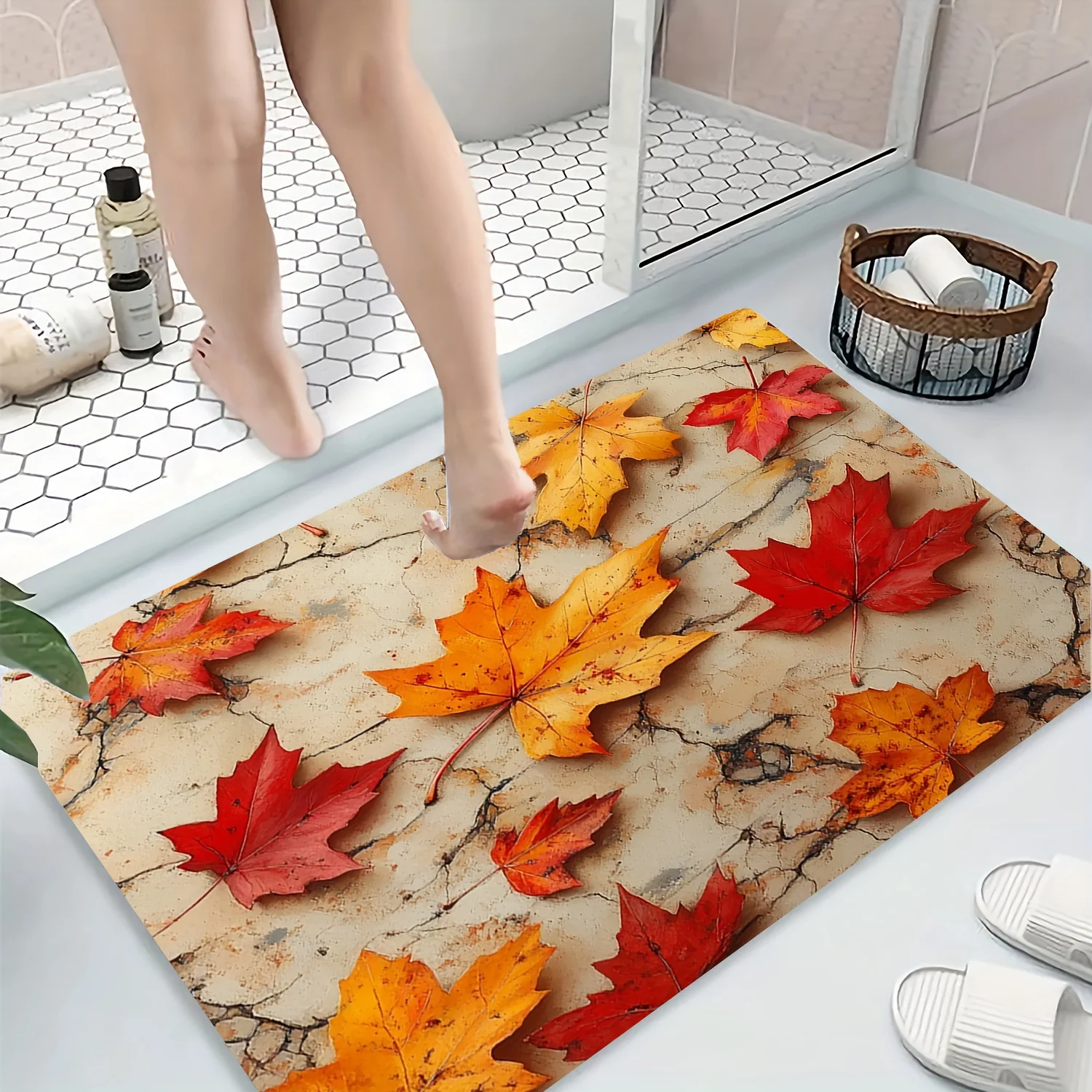 Autumn Maple Leaves Printed Flannel Bath Mat With Natural Stone Background Soft Non Slip Rug For Bathroom Or Home Decor