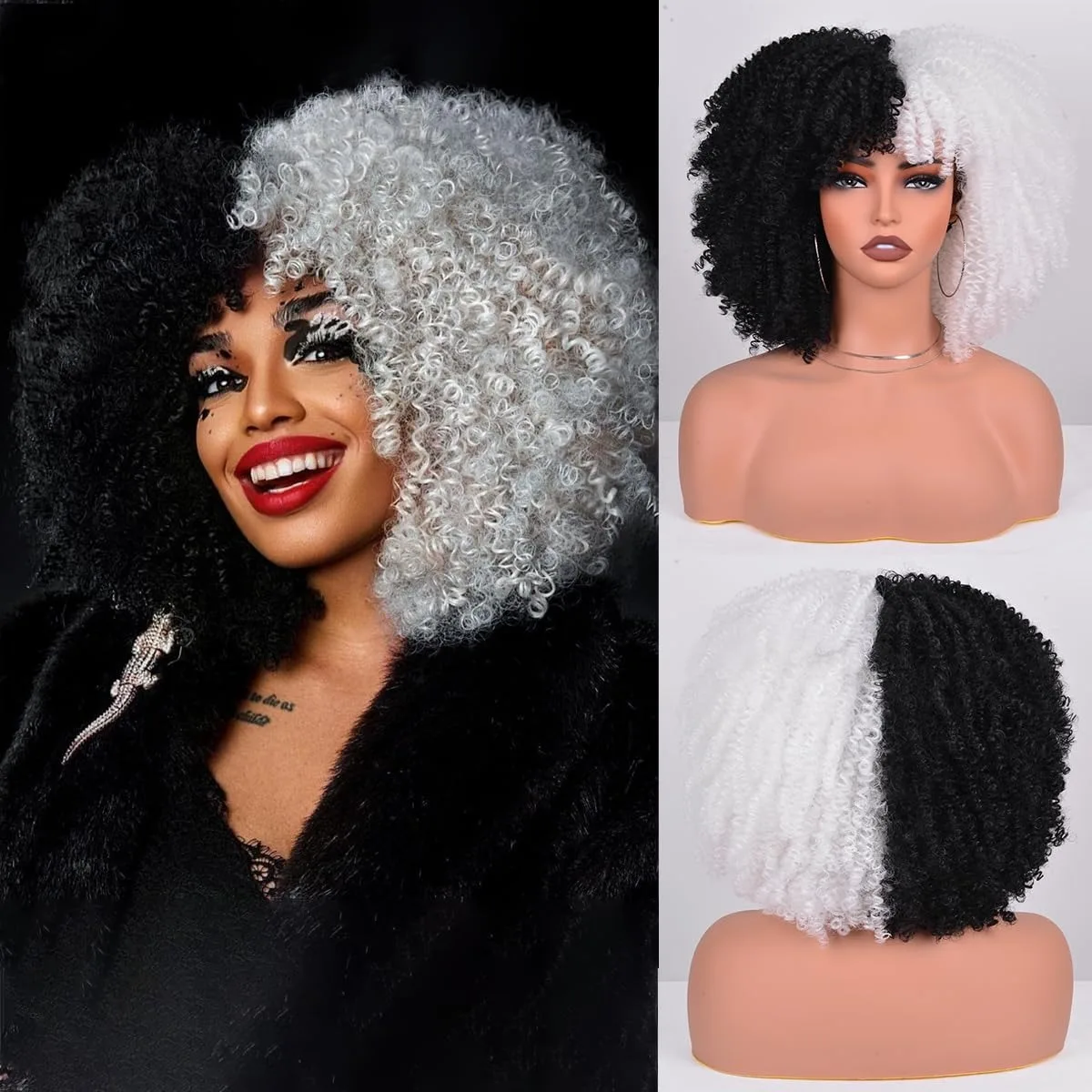 

14-дюймовый черный женский короткий вьющийся афро парик Синтетический афро вьющийся парик с челкой Пушистый натуральный парик Мягкие волосы Черный парик