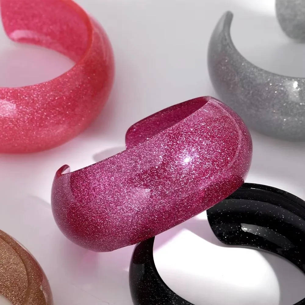 New Colorful Glitter Acrylic Wide Cuff Bangle Stackable Jewelry Gifts Retro Resin Bracelets Round Shape Open Bracelets for Women