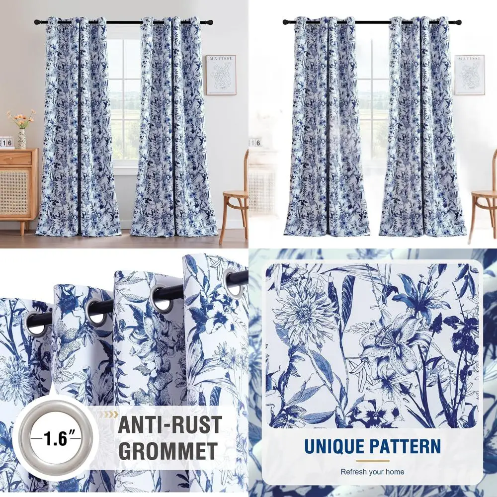 

Термоизолирующие шторы с цветочным принтом, 96 дюймов, на люверсах, комплект из 2 панелей для гостиной и спальни - синий дизайн «Французская флора»