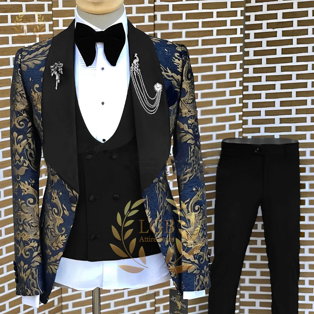 Blue and Gold Floral Men's Suit Jacket Wedding Groom Tuxedo 3 Piece Suit Royal Blue Formal Party Dress XS-5XL Men's Custom Suit