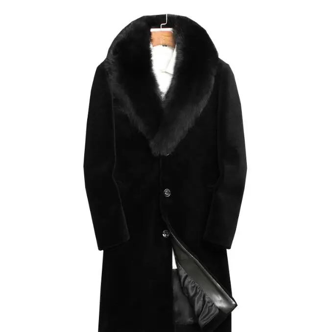 5XLคลาสสิกWarm Faux Fur Coatแฟชั่นฤดูใบไม้ร่วงผู้ชายสีดําStreetwear Single Breastedกลางแจ้งThicken Windbreakers