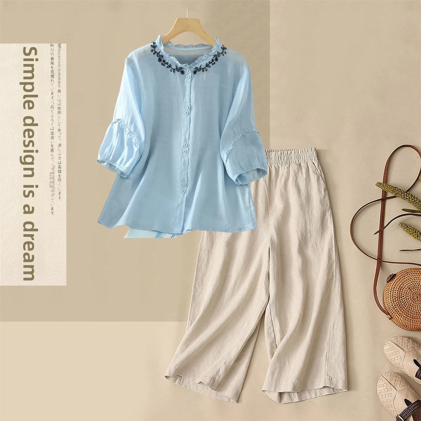 

plus Size Women's Slimming Younger Concealing Cotton Linen Set Shirt Top Wide Leg Pants Two Piece Set Summer New Arrival