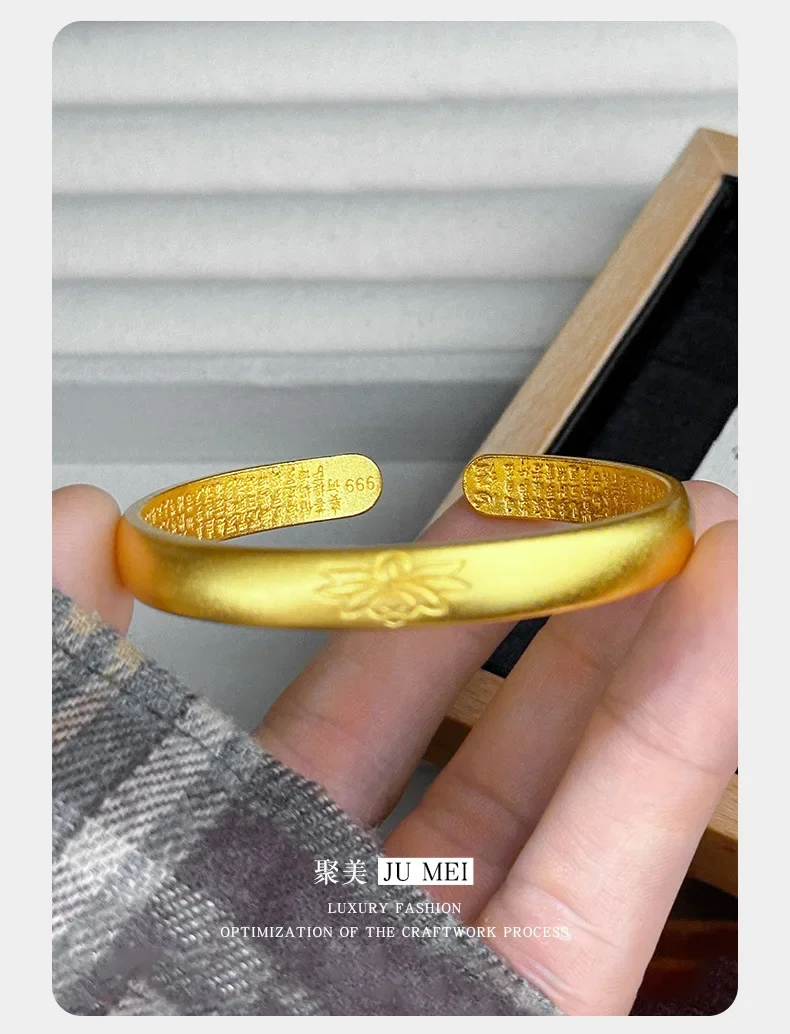 NovaGlod Ancient method 9999 frosted lotus opening bracelet 24K real gold  Chinese style adjustable good luck lotus heart sutra