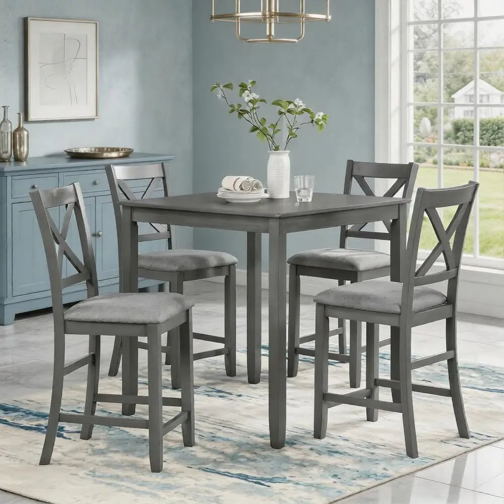 

Solid Wood 5-Piece Dining Set or Counter Height Table with 4 Grey Upholstered Chairs