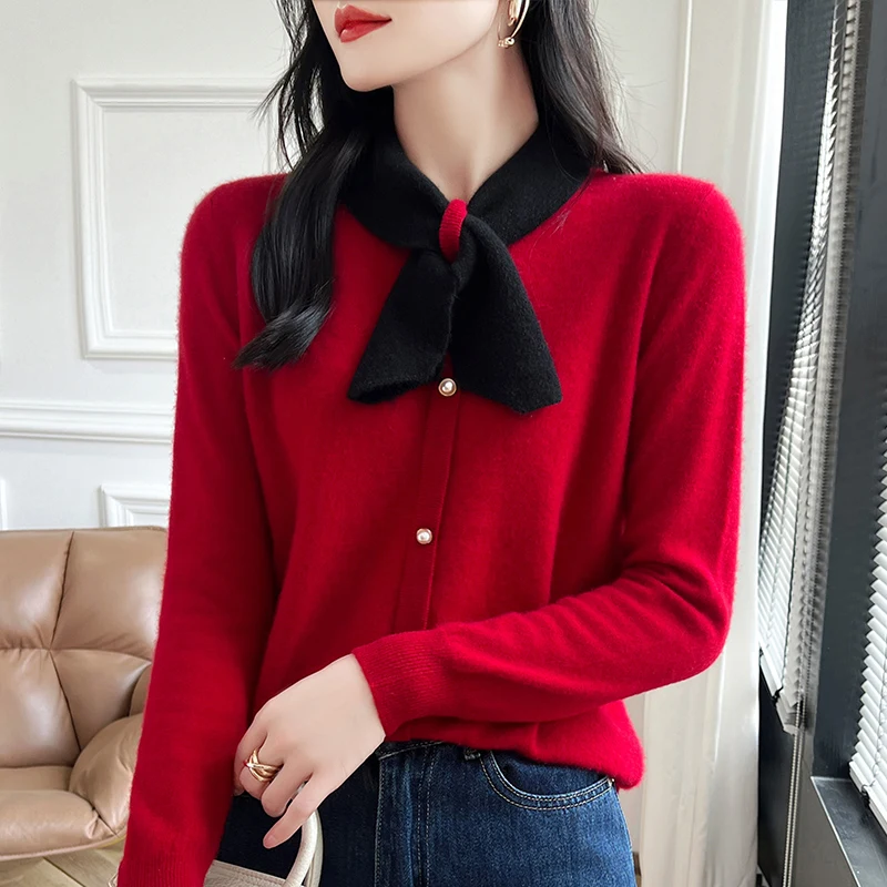 Spring Autumn New Women\'s Clothing 100% Wool Knitted Hoodie Casual Fashion Bow Collar Tops Long Sleeve Loose Bottom Shirt Solid