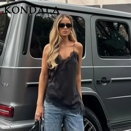 Imagen 2 del producto KONDALA 2025 Otoño Invierno Sexy señoras Camis corto moda elegante encaje hasta sólido corto Tops Chic fiesta graduación mujeres Camis cortos