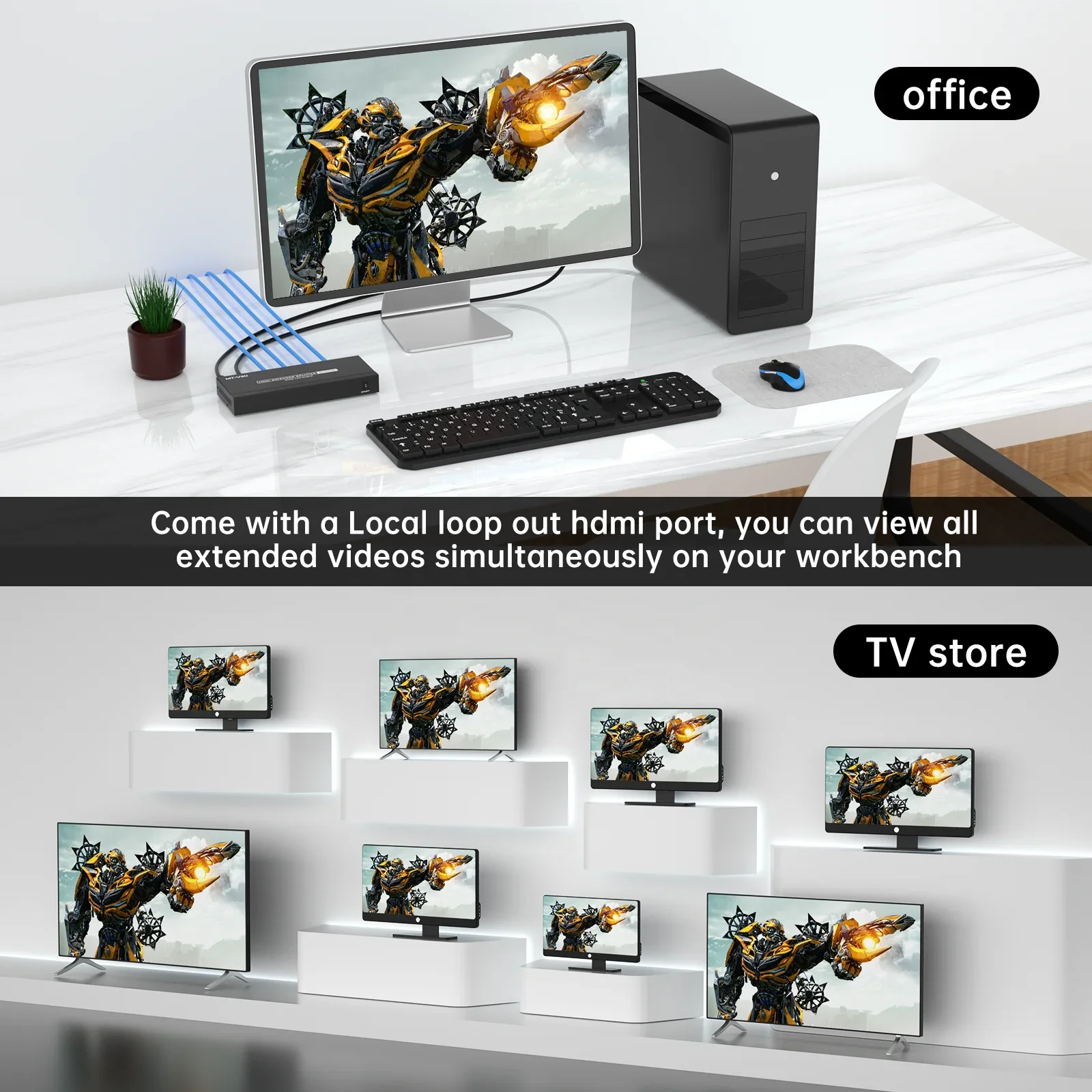 4K 60Hz イーサネット経由エクステンダー/スプリッター 1x4 1x8、MT-VIKI 1入力4出力 スプリッター/エクステンダー Cat6経由 POC + ループ 70M