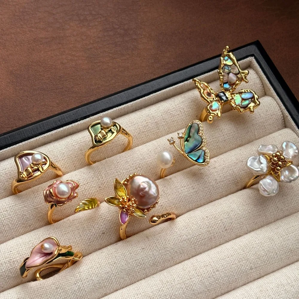 

Romantic Oil Painting Baroque Pearl Ring Rose Flower Butterfly Vintage Ring Delicate Copper Luxury Flower Ring Women
