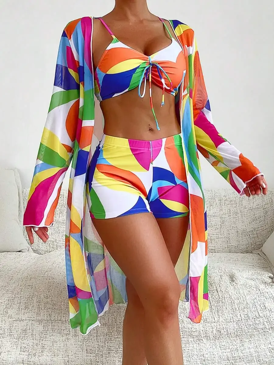

2025 Tropical Women's Swimsuit Print 3-Piece Bikini Set Mesh Cove Up Women High Waist Curvy Swimwear Beach Lady Bathing Suit