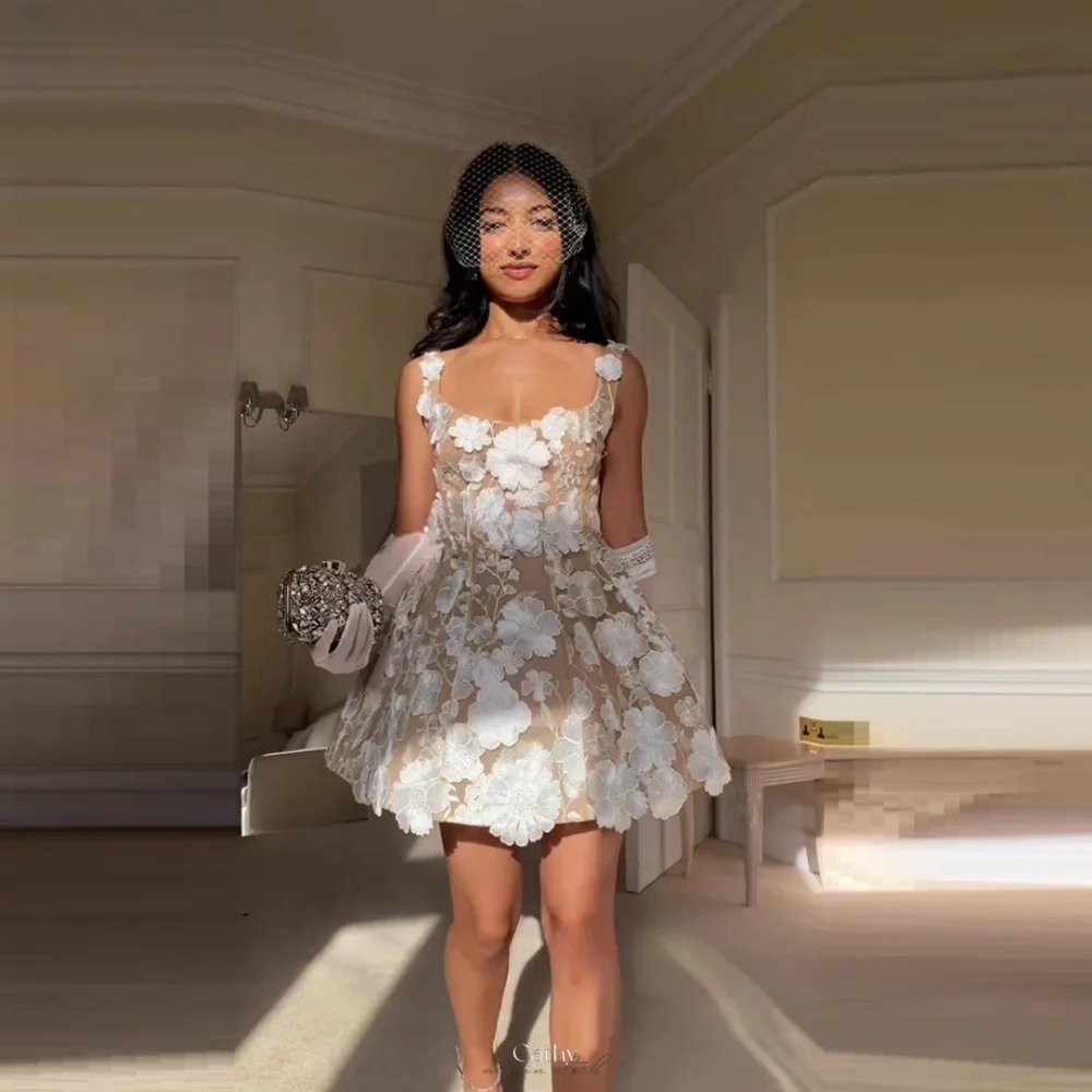 

Cathy White Flowers Embroidery Lace Spaghetti Strap Wedding Dresses Strapless vestidos de noche Glove Customized After Party