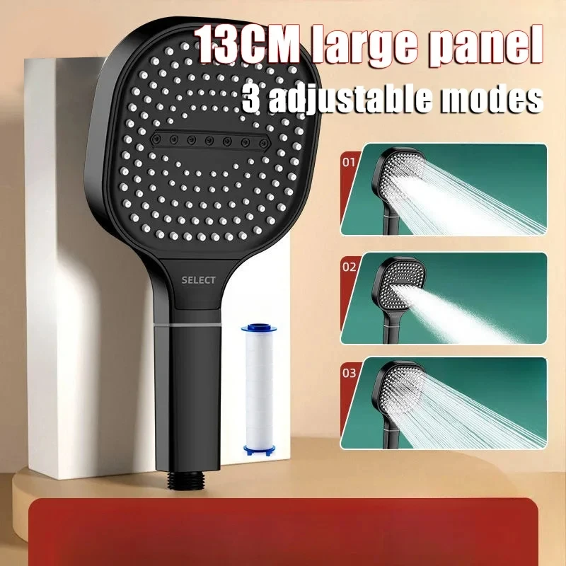 13cm Large Panel Shower Head High Pressure 3 Modes Adjustable Massage Shower Panel Nozzle With Filter Element  Accessories Set