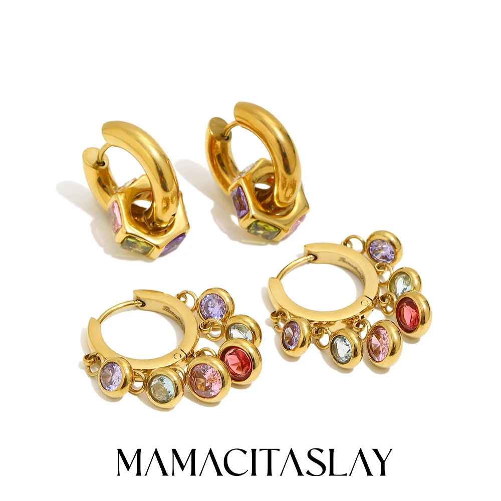 MamacitaSlay 316L Stainless Steel Multicolored Zircon Hoop Earrings 18K Gold Plated Waterproof Jewelry Women's Unique Earrings