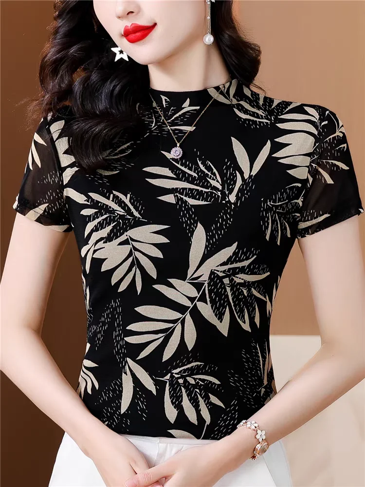 Ropa de primavera y verano para mujer, camiseta de manga corta con estampado de flores, camisetas ajustadas de malla elástica, Tops para mujer, talla M-4XL 2024