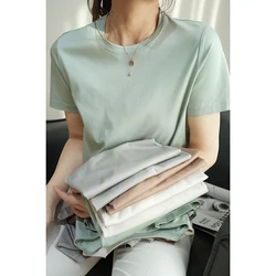 Summer Mercerized Cotton Women Silk T-shirts O Neck Short Sleeve Loose Straight T-shirts Casual Tees For Minimalist 2021